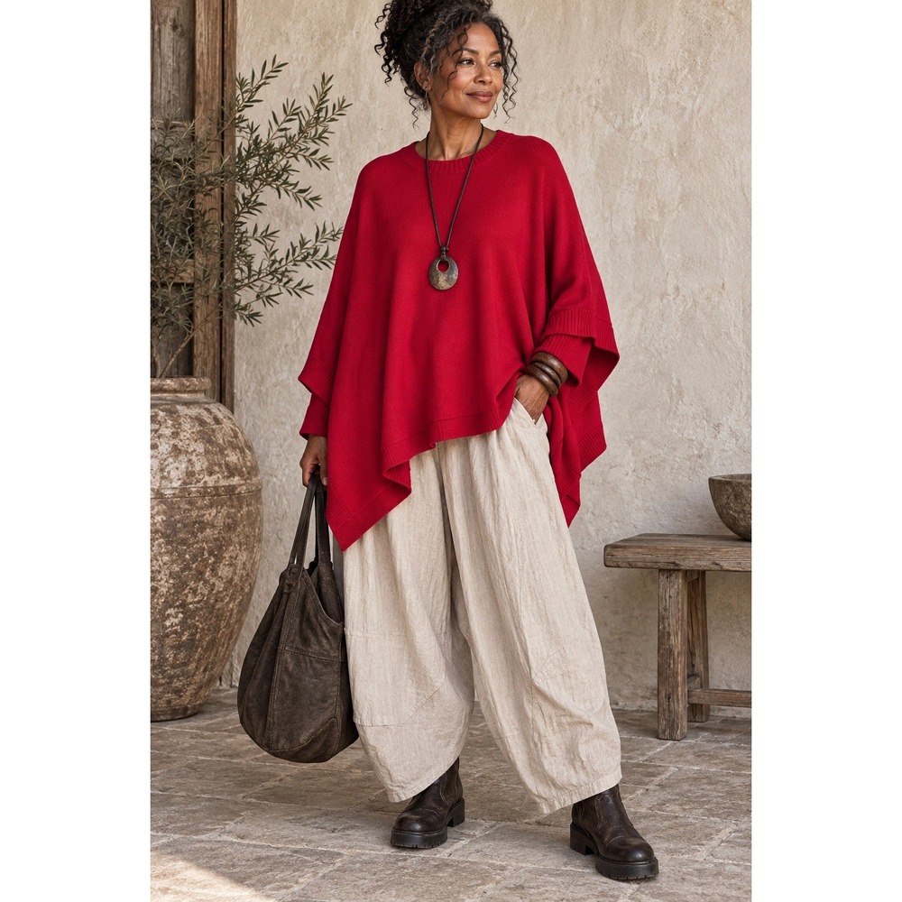 J. Jill Scarlet Red Poncho Sweater Crew Neck Cotton Blend S-L 312781